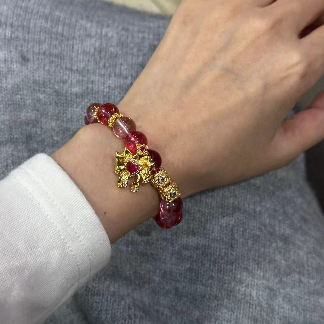 铜合金手链 蝴蝶结爱心渐变红色手链-4284