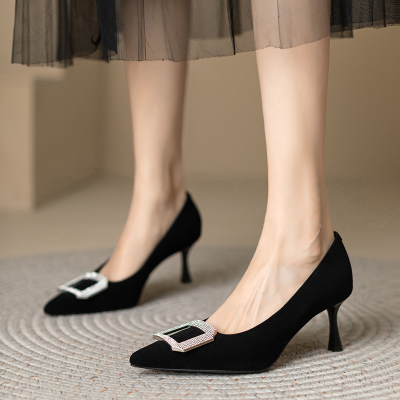 （跟高6.5cm）2024水钻扣饰尖头细跟高跟浅口单鞋X1650