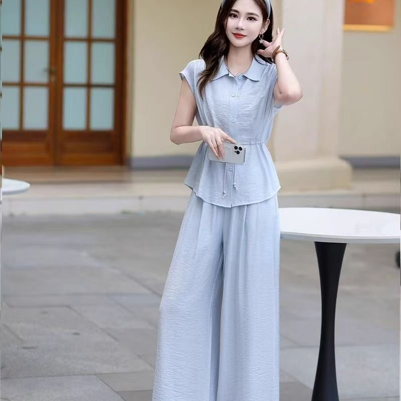 2025收腰衬衫+阔腿裤两件套女夏季新款时尚洋气减龄气质显瘦套裤