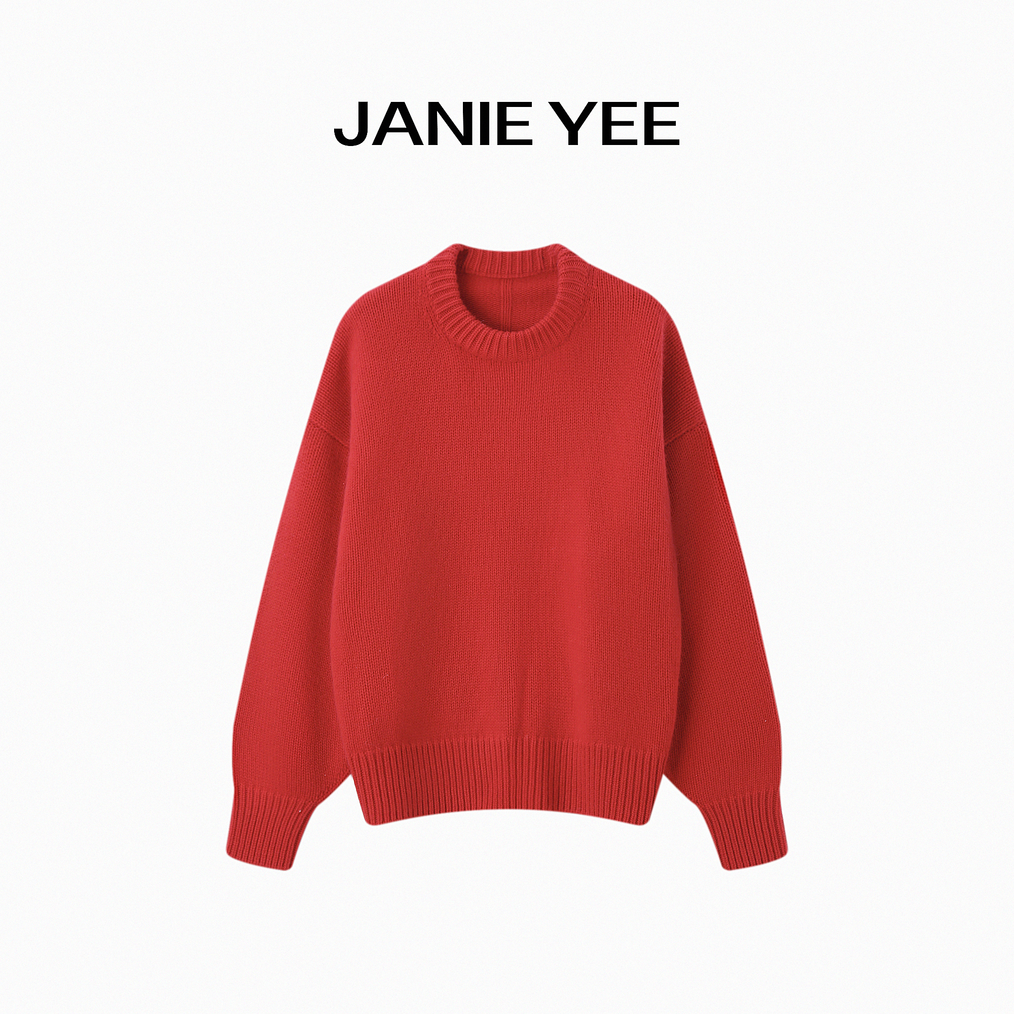 Janie Yee重磅880g山羊绒圆领红色厚宽松毛衣冬季女 25A3528