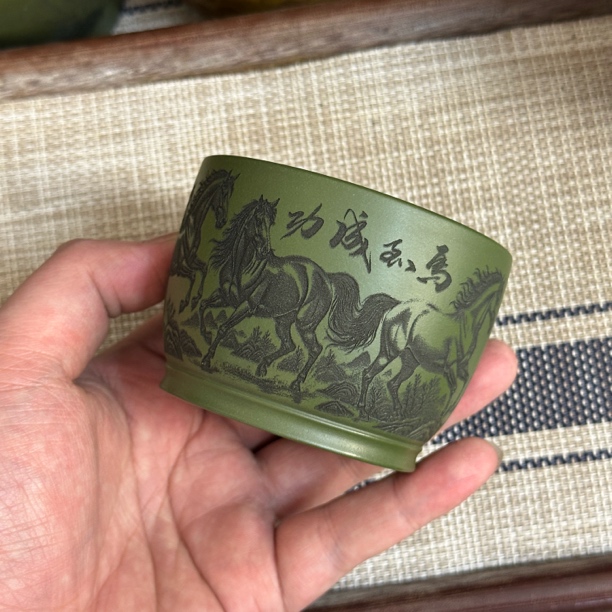 宜兴原矿精品马到成功紫砂杯泥料家藏民国绿 容量150cc茶具品茗杯
