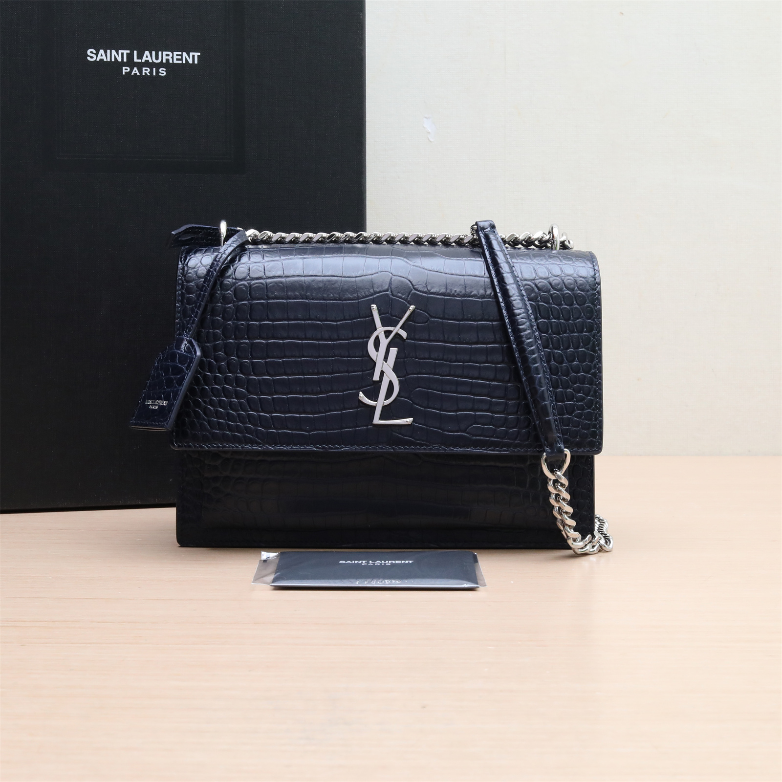 99新 YSL/圣罗兰 小花黑黑日落包中号 22 鳄鱼压纹蓝色