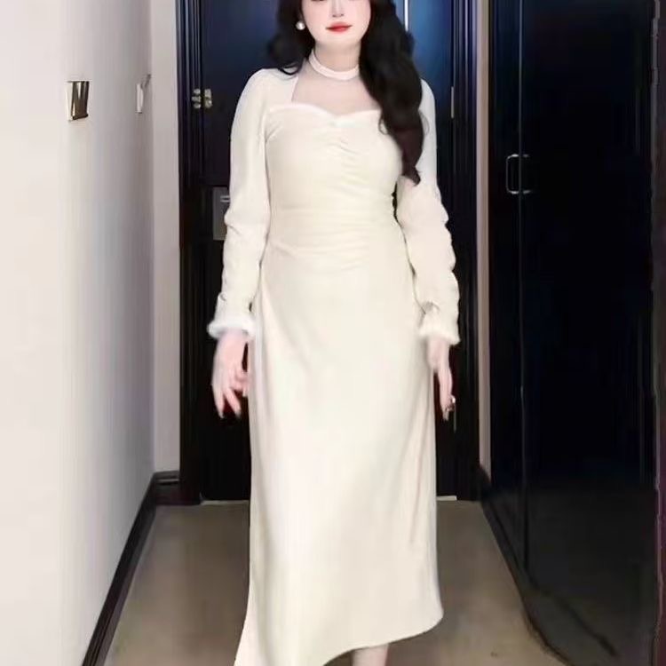 LYQ11160-韩版绝美初恋纯欲风冬新款长袖方领纯色拼接显瘦连衣裙