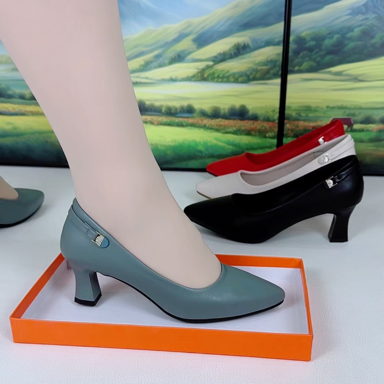 春季新款细高跟4公分简约百搭时尚舒适气质高跟女鞋软底中跟浅口