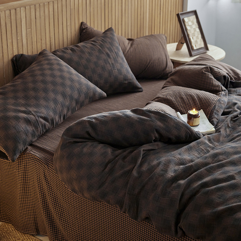 新品全棉100纯棉双层纱四件套复古格调简约格子少女心床上用品