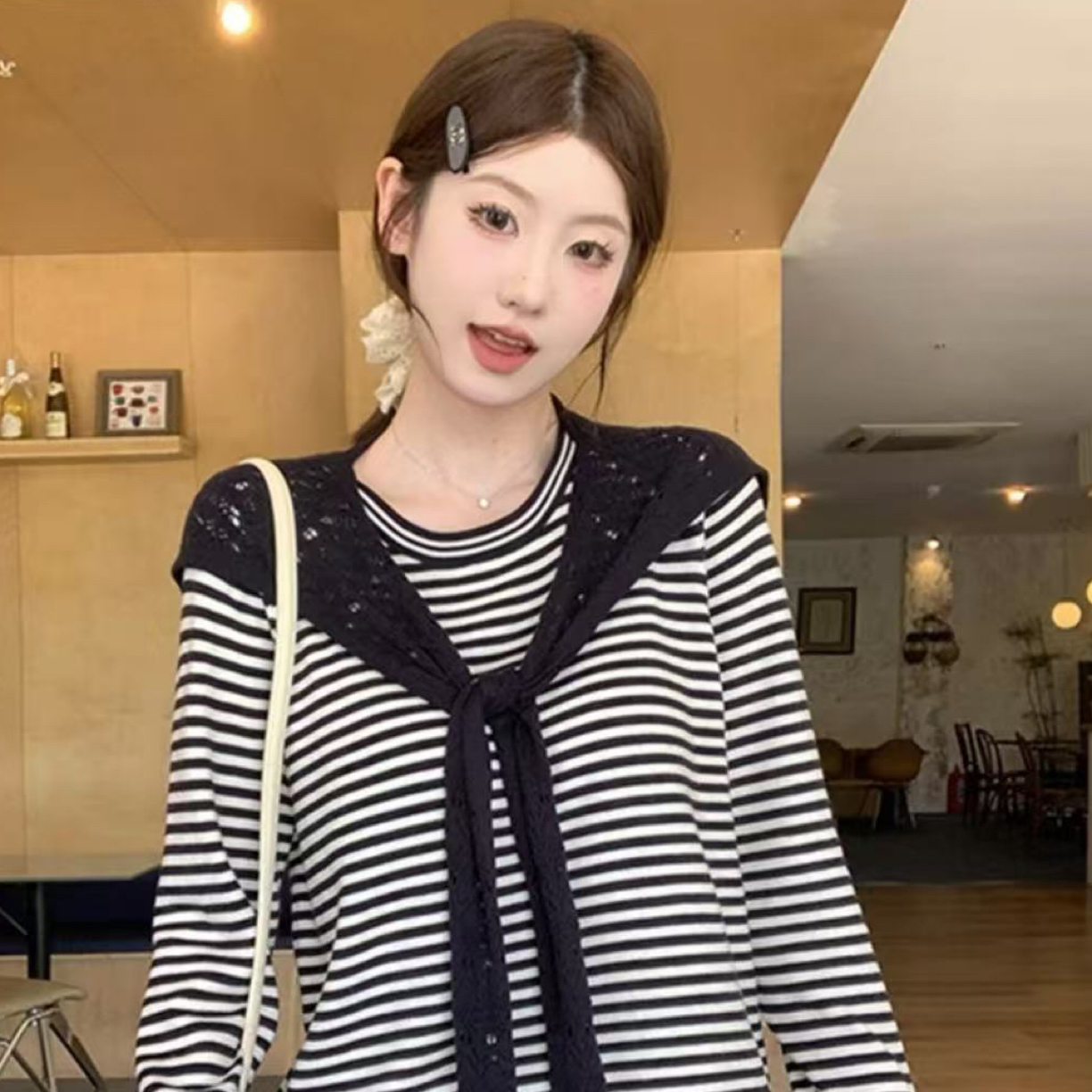 条纹女防晒针织包袖薄款毛针织衫百搭长袖秋季洋气