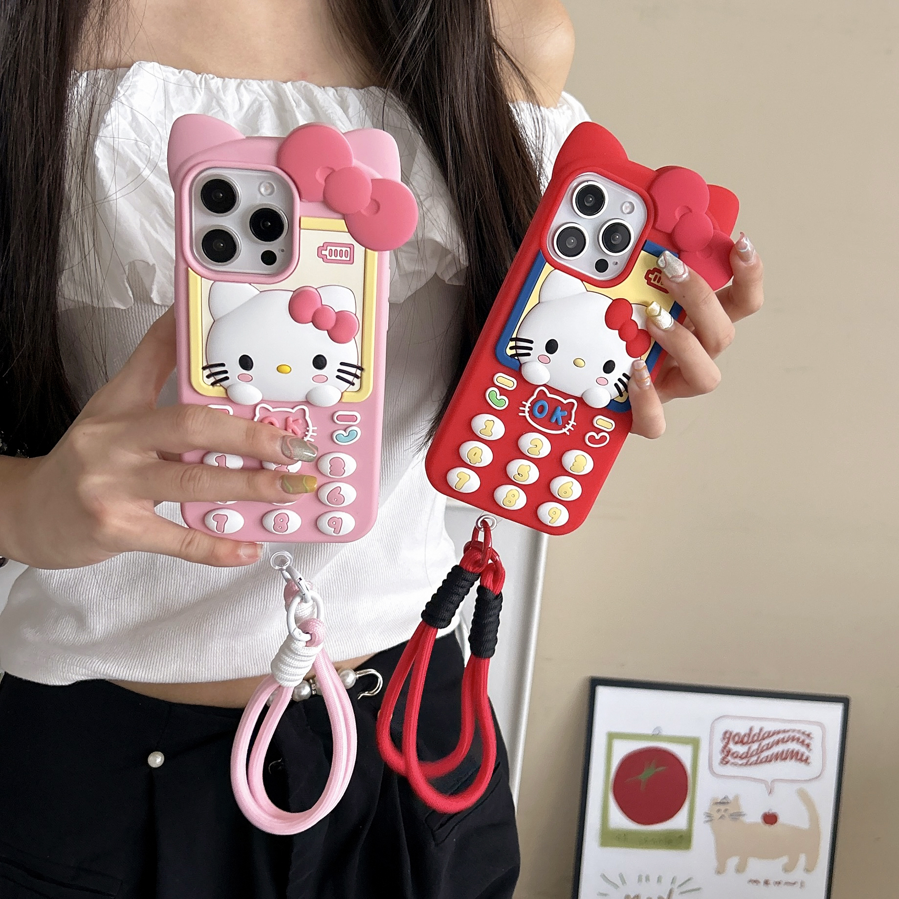 苹果|可爱蝴蝶结KT猫大哥大造型适用iPhone17卡通立体硅胶手机壳H