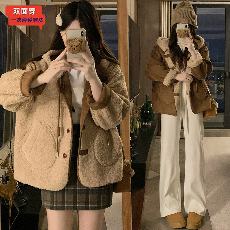 实拍新品两面穿连帽咖色外套女皮毛一体加厚短款大衣有吊牌有领标