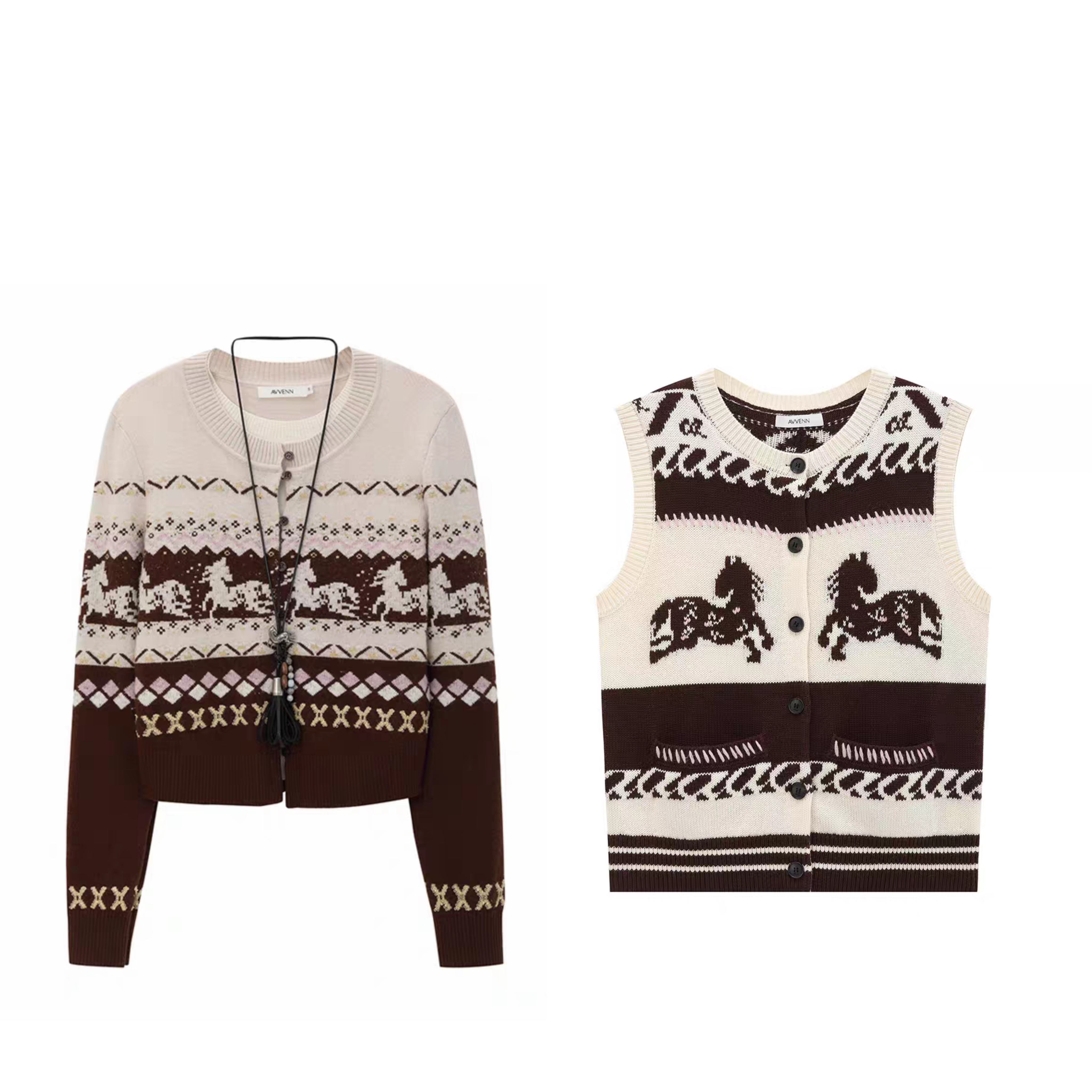 AVVENN2026春"竹马新年款"秋冬休闲复古提花马甲背心时尚开衫针织