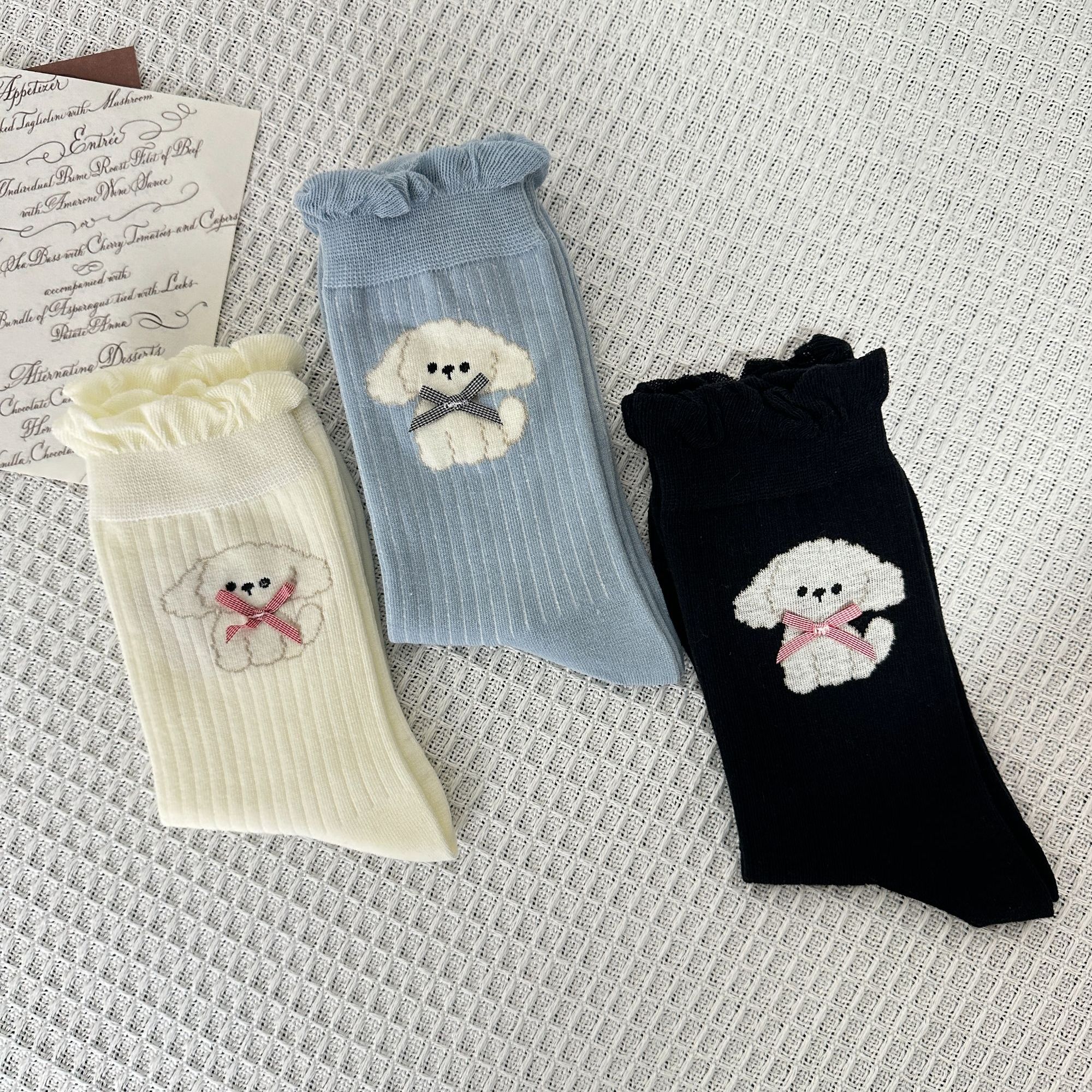 韩系学院风可爱卡通蝴蝶结小狗袜子蓝色Lolita软妹中筒袜