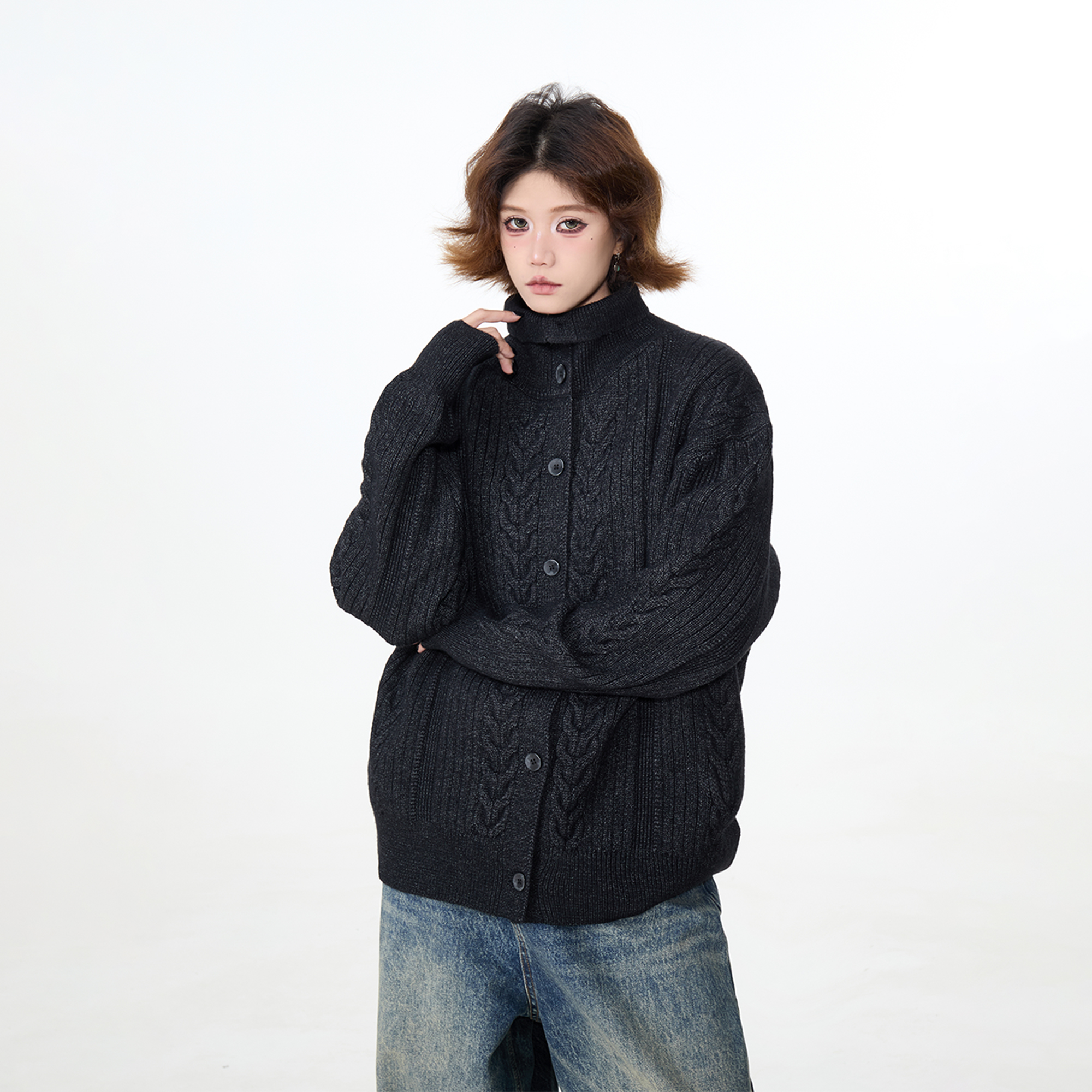 出前一町秋冬季老钱风麦穗绞花纽扣针织开衫男女同款小众休闲毛衣