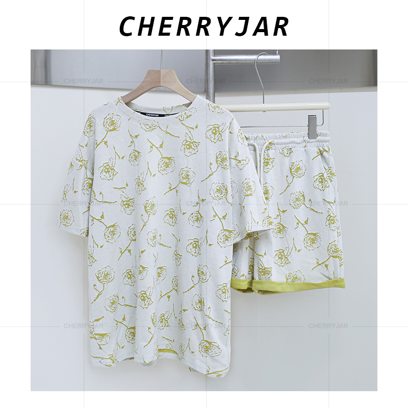 Cherryjar【25678】杏黄色套装花卉印花短袖拼接时尚悠闲