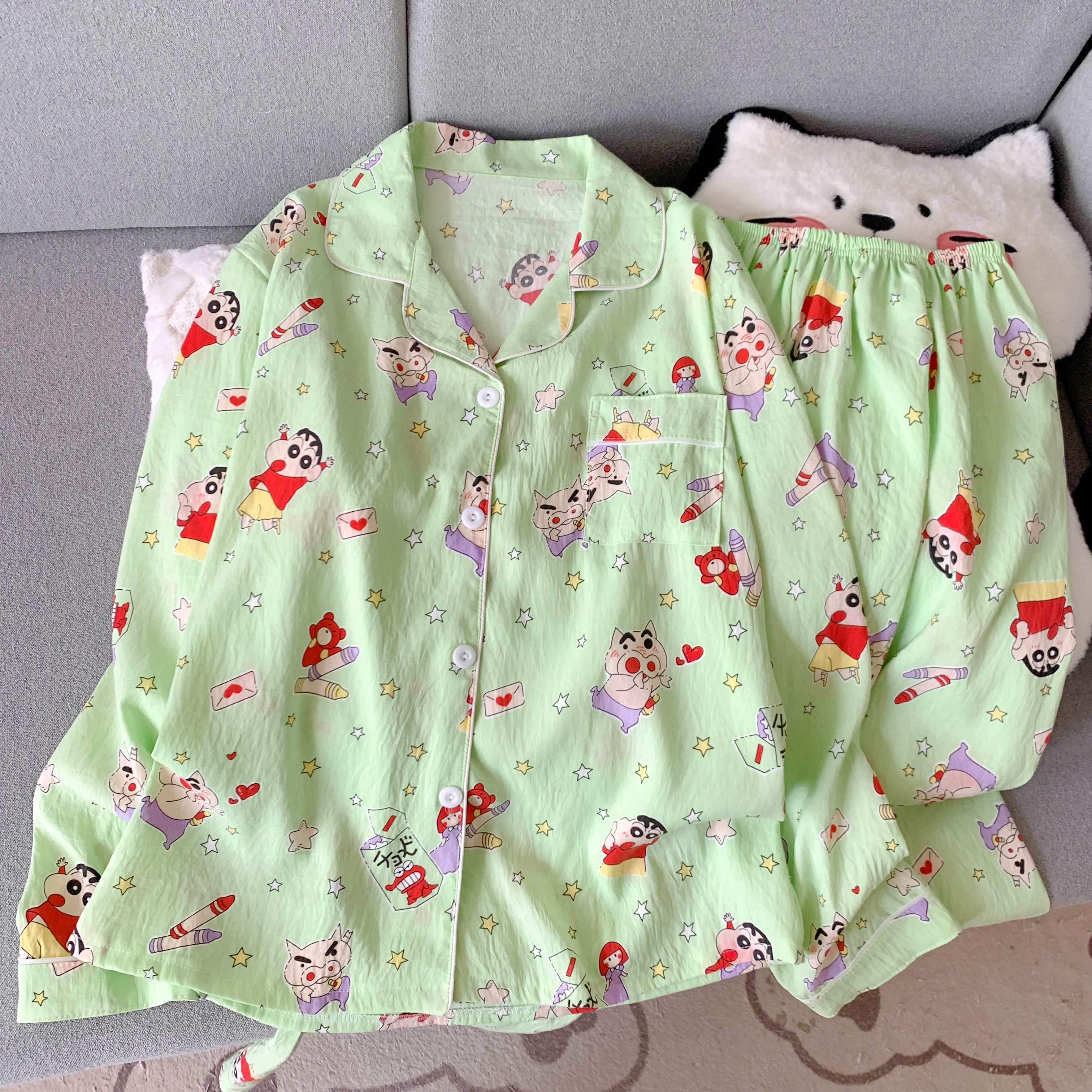 长袖云朵棉开衫睡衣女秋卡通甜美家居服套装蜡笔小新印花