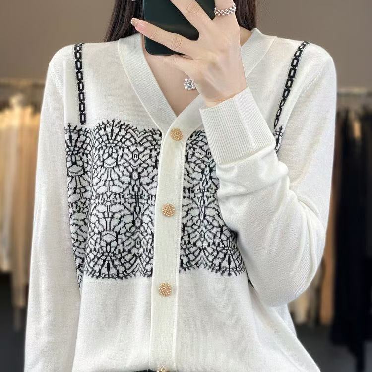 V领针织开衫女士春秋新款拼色洋气宽松显瘦提花蕾丝上衣