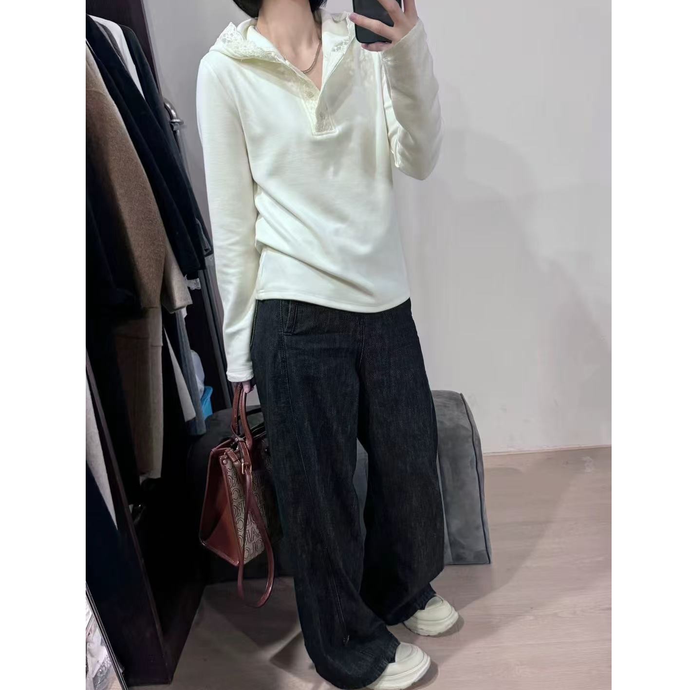 2025新款拼接淑女蕾丝边连帽衫长袖T恤女软糯磨毛卫衣洋气上衣