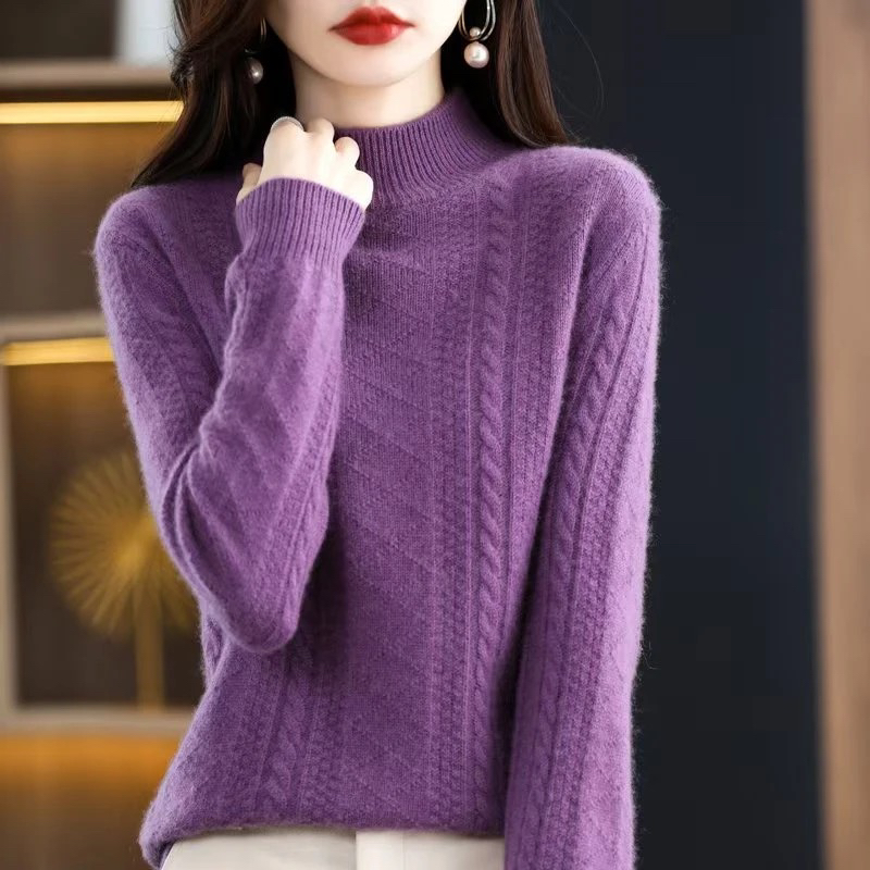 秋冬新款女士提花衫纯色女内搭加厚半高领毛衫