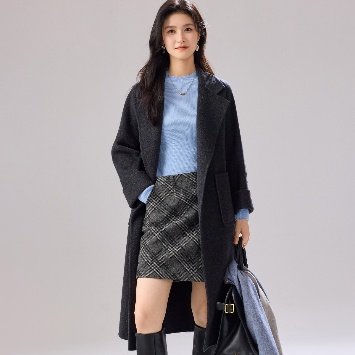 金菊【羊毛大衣】25年秋冬新款西装领系带长款版型时尚纯色高级保暖