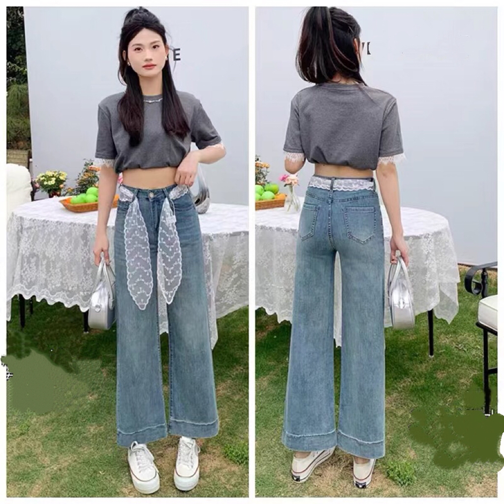 【海南简爱】新款蕾丝高腰烟管牛仔裤女23133