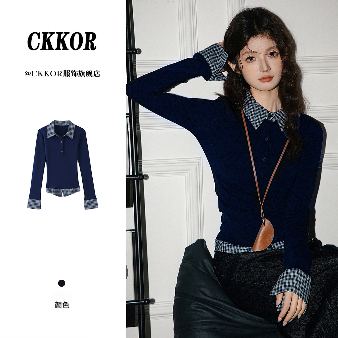 CKKOR女生开春衣服格子拼接假两件长袖t恤女复古港风修身显瘦上衣
