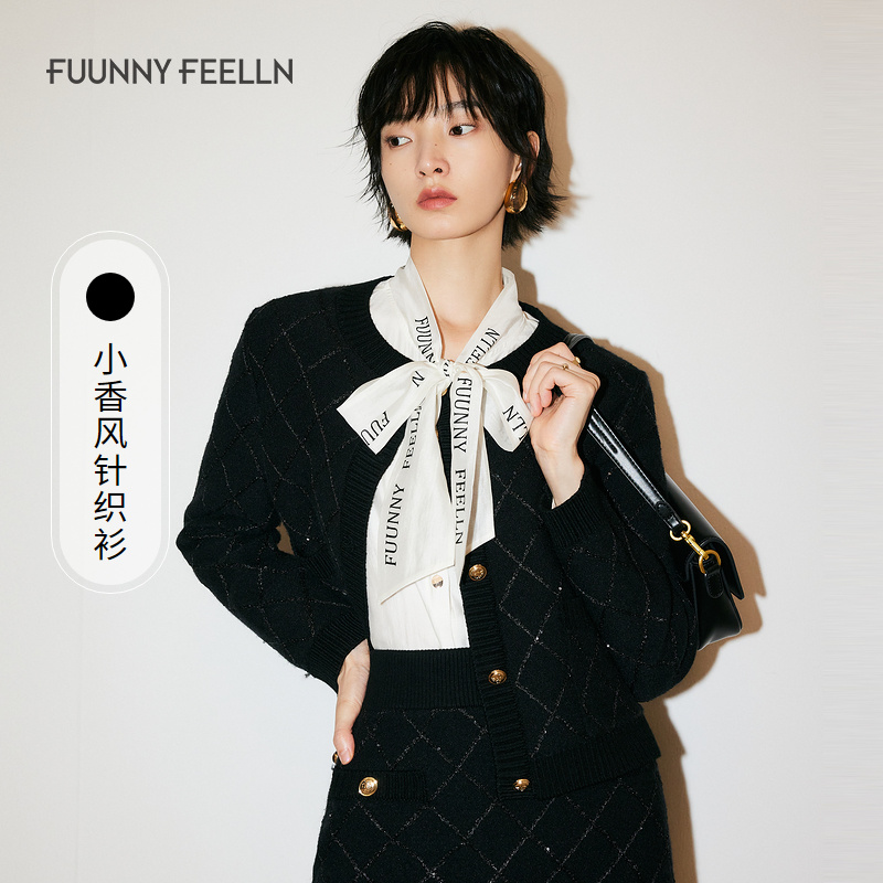 FF仿佛冬季新款格纹小香风针织衫女长袖圆领开衫FI00013W0