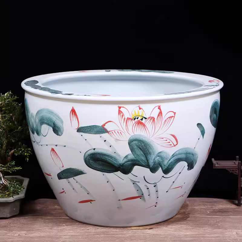 《平口水墨荷花60*43cm》景德镇陶瓷缸摆件庭院景观手工手绘种树