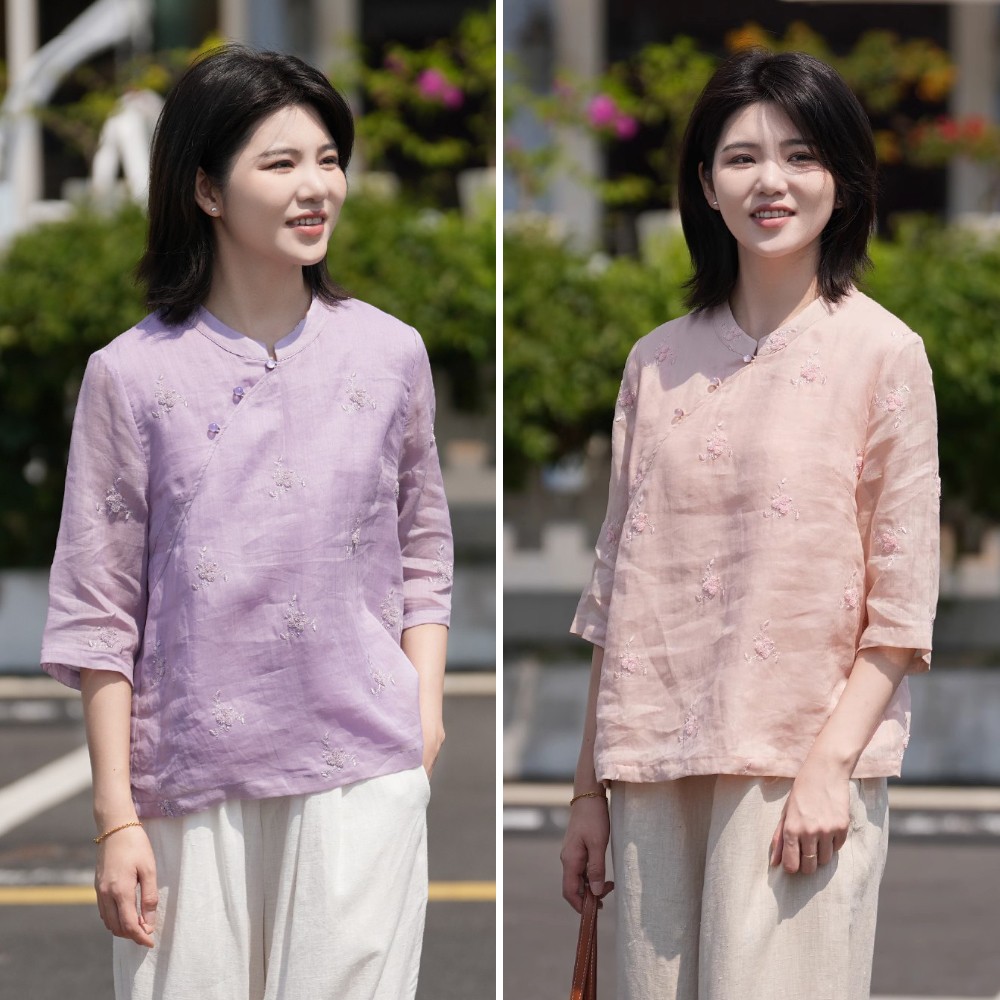 十五家25高端刺绣苎麻小衫新中式国风显瘦文艺斜襟超温柔上衣中袖