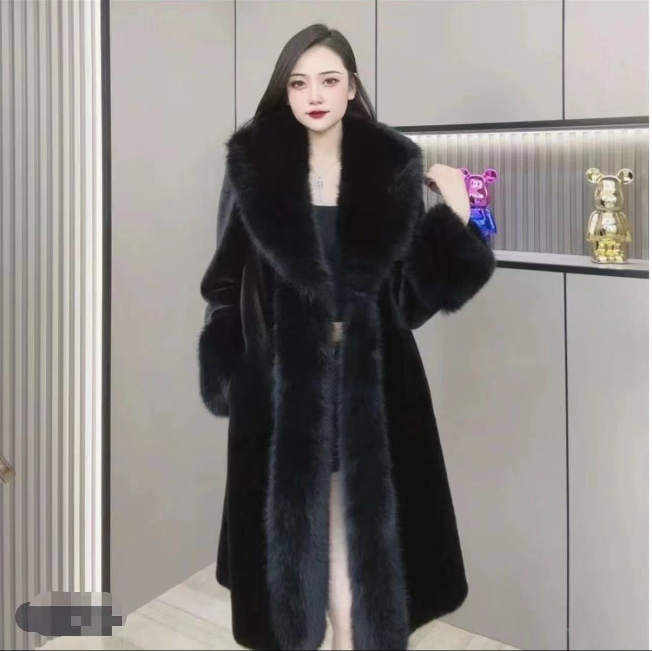 经典款冬季V领长款欧美风中长款大毛领短外套