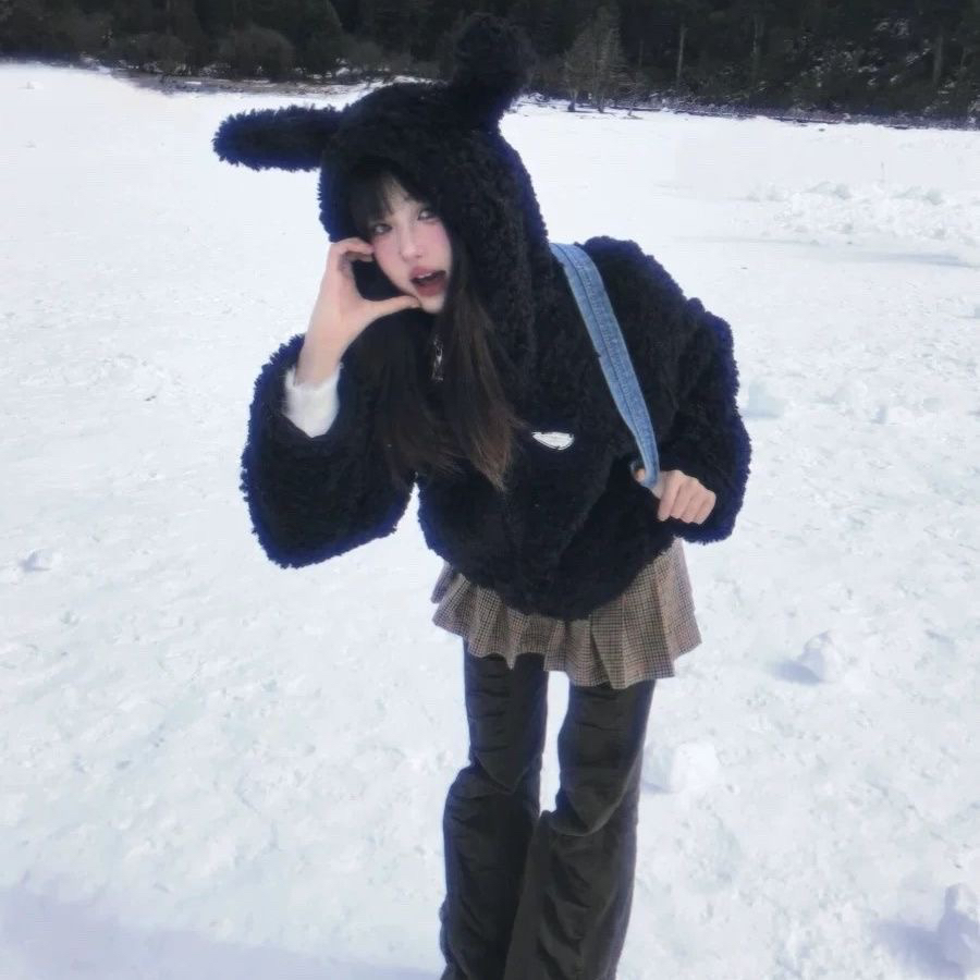 2025秋冬新款美式纯欲兔耳毛绒连帽外套女冬季加厚上衣棉衣多巴胺