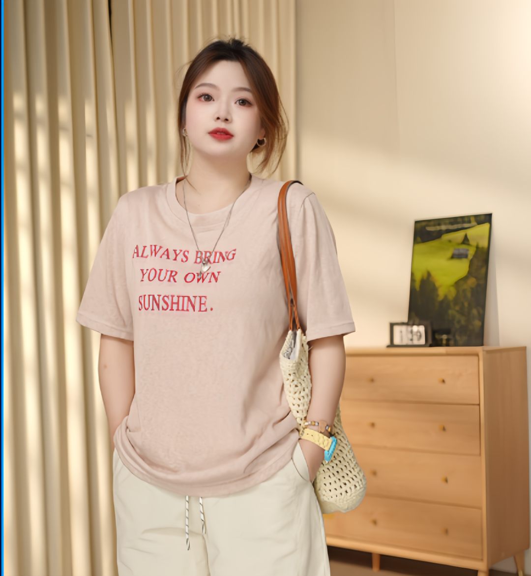 2025夏季新款大码百搭洋气减龄宽松显瘦遮肉圆领印花短袖t恤