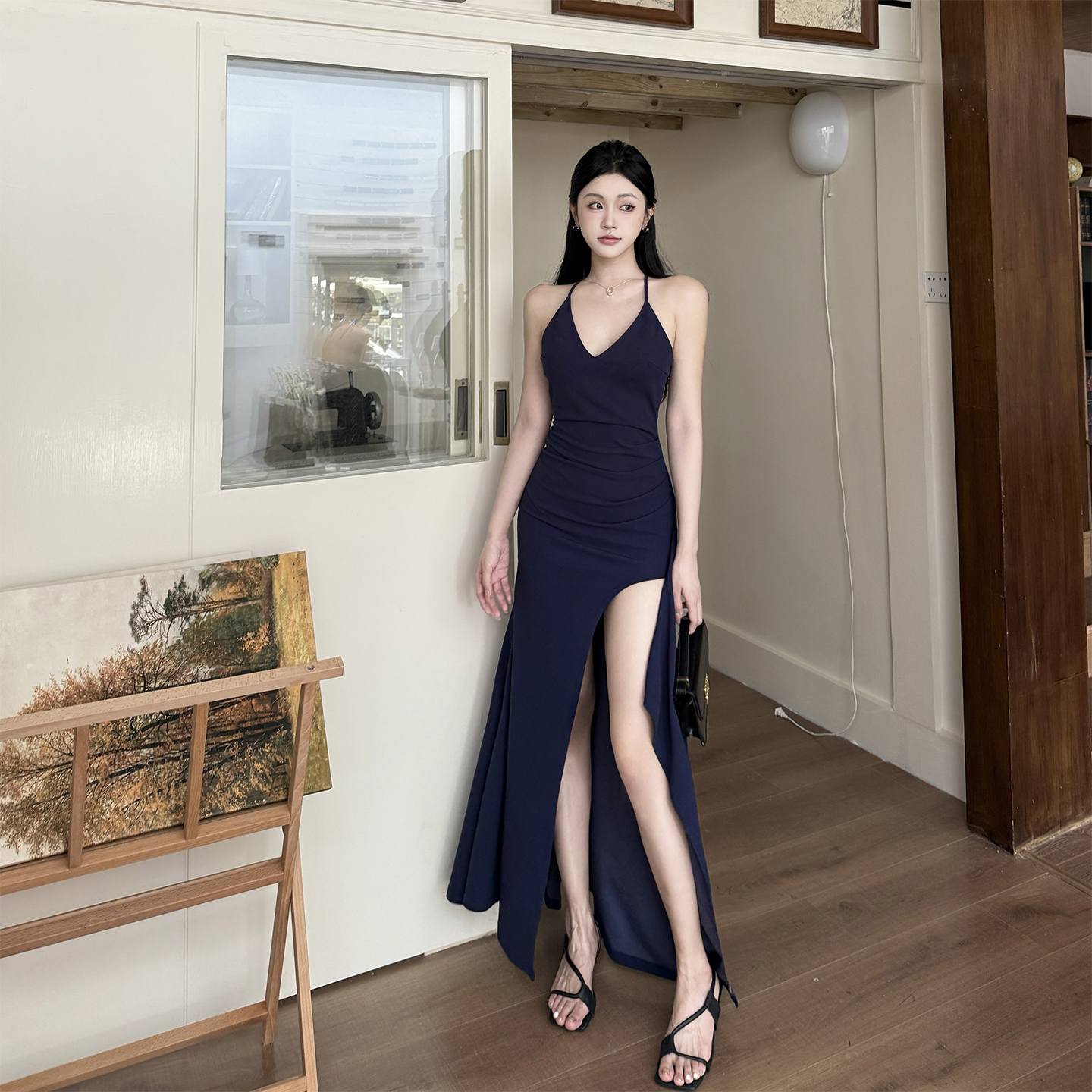 KaDaiShan 红色v领性感开叉吊带连衣裙夏季纯欲气质宴会礼服长裙