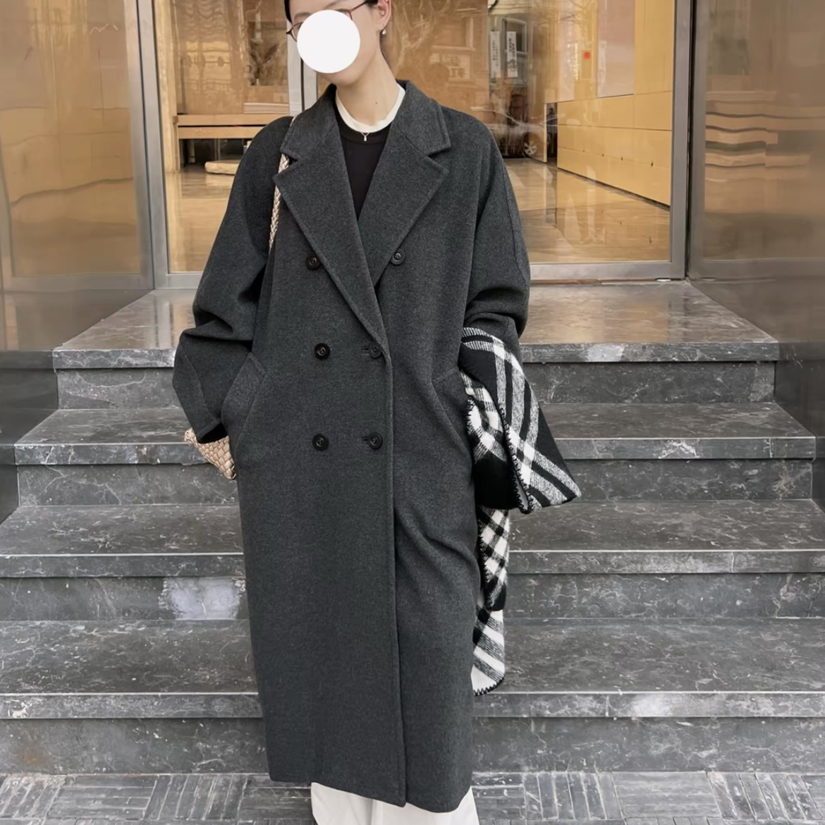 未使用 MaxMara 101801经典款双面毛呢宽松排扣大衣烟灰色