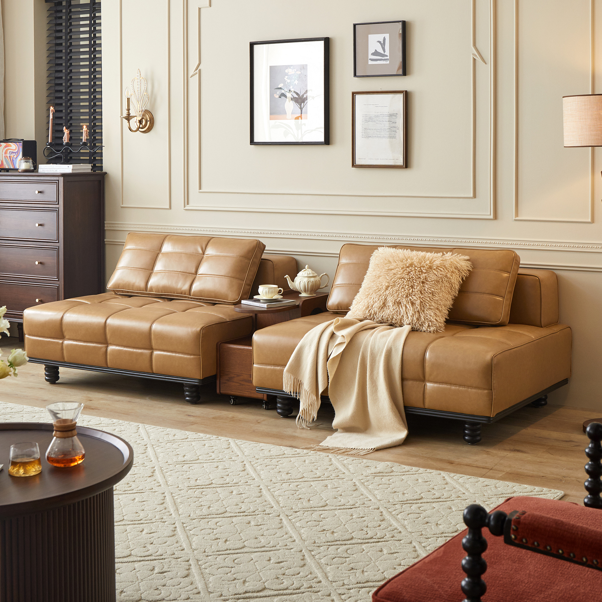 法式中古皮艺沙发复古小户型客厅家用生态皮模块沙发直排单人沙发