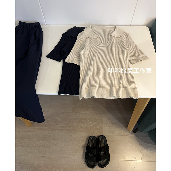 REKAYYAT“欢歌”莱赛尔天丝亚麻韩系时尚百搭POLO领坑条短袖针织衫