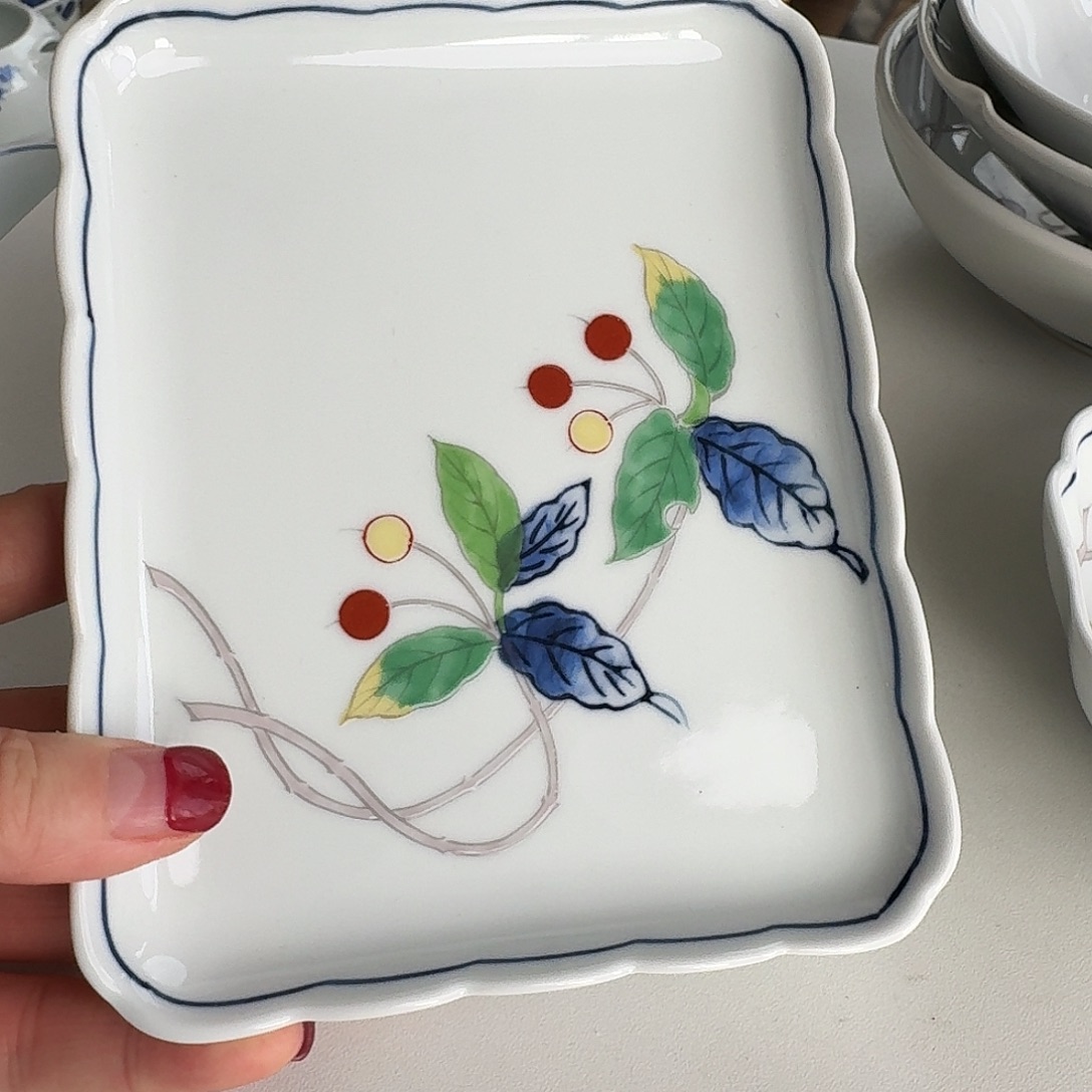 瓷片德七窑果实15.2厘米长方盘，手绘