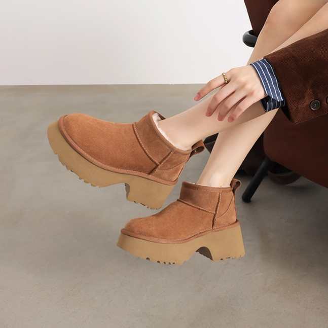 SR【厚底人鱼冬雨】跟高7cm保暖短靴皮毛一体雪地靴明星同款