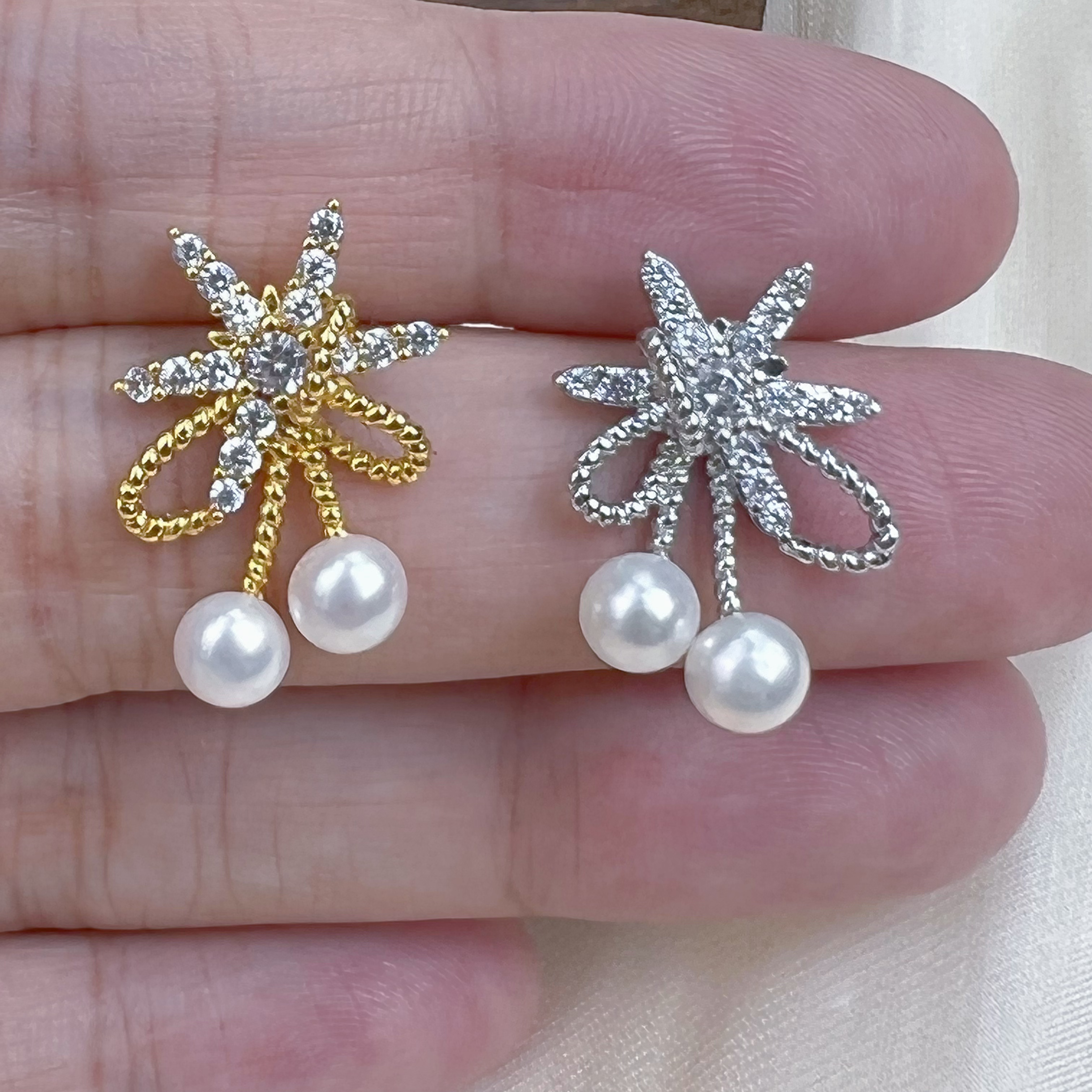蝴蝶满天星天然淡水珍珠耳钉女S925银针时尚耳饰