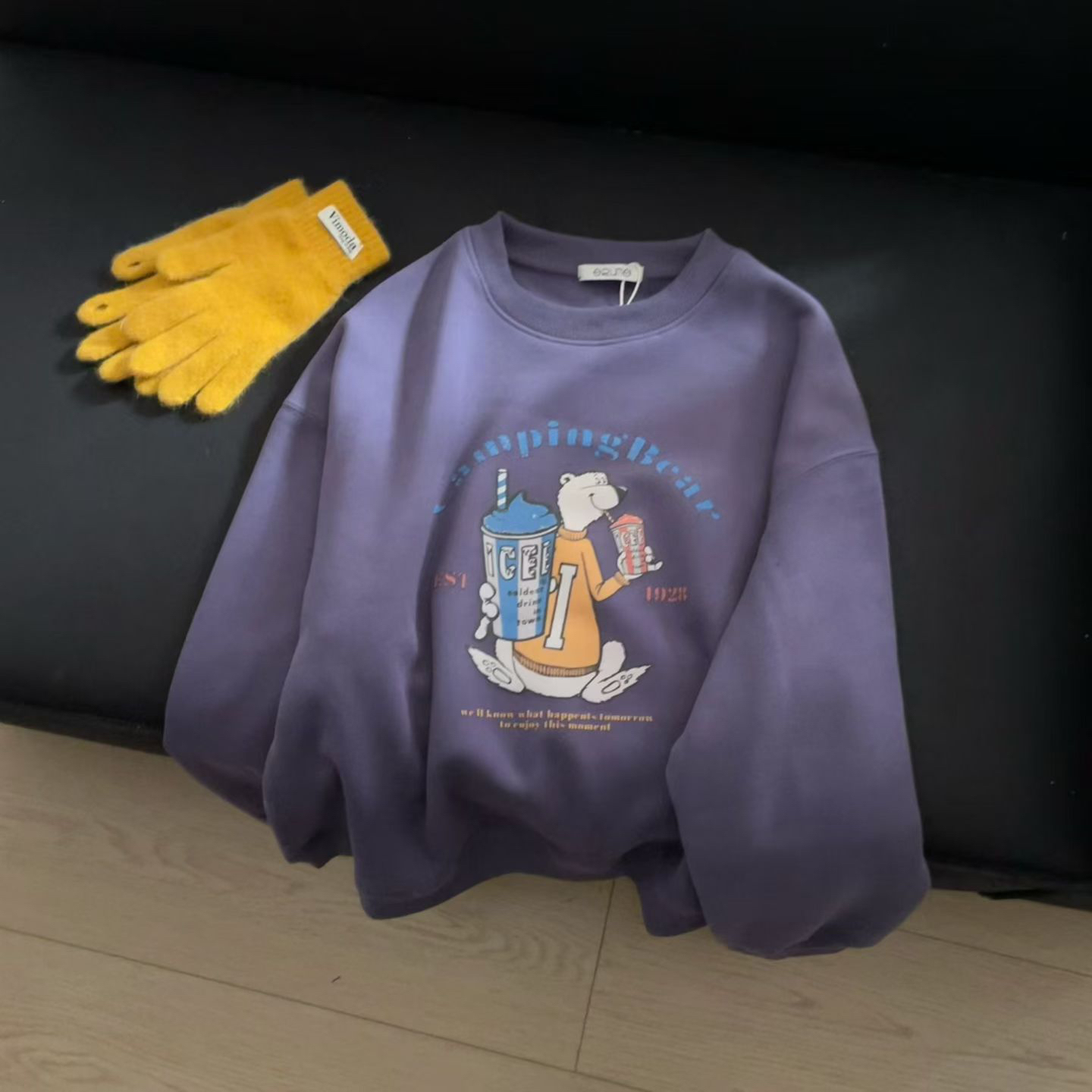 韩版卡通小熊加绒加厚圆领卫衣女冬2025新款休闲百搭宽松减龄上衣