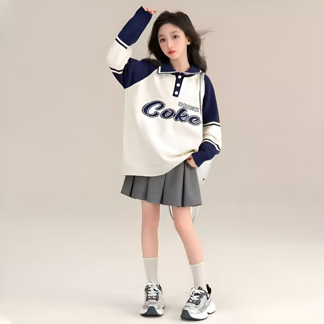 炸 米白拼色女童春秋卫衣棉上衣学院风秋季洋气女大童套头上衣