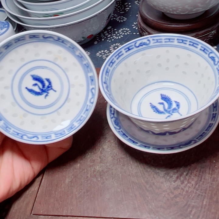 青花玲珑朱雀三才盖碗玩玉底款