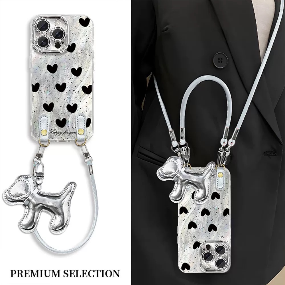 波点爱心羽纱斜跨绳适用苹果16promax手机壳15pro新款14/13/12/11