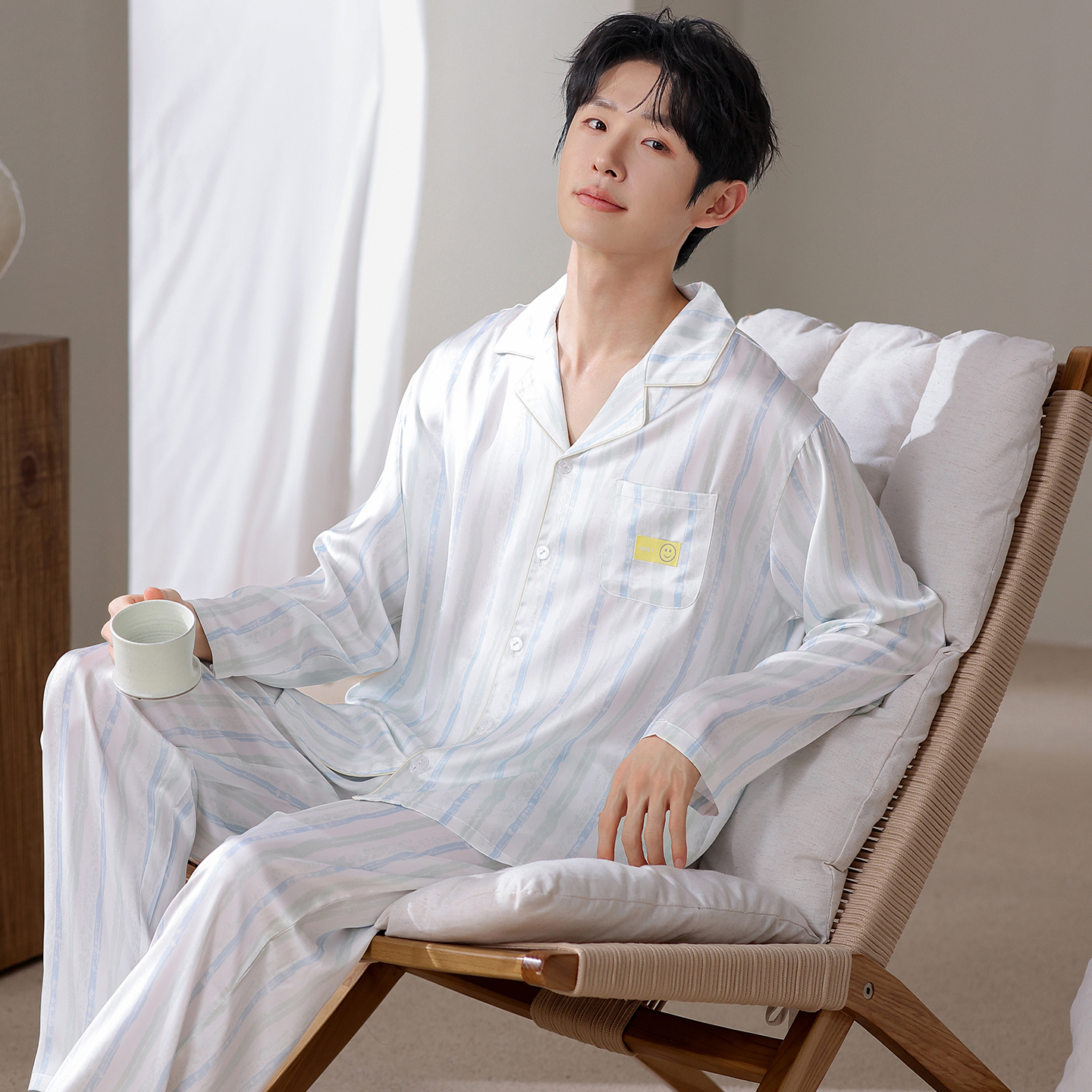 YIHAN-秋季新款睡衣男丝滑长袖冰雪丝时尚透气休闲高档家居服套装