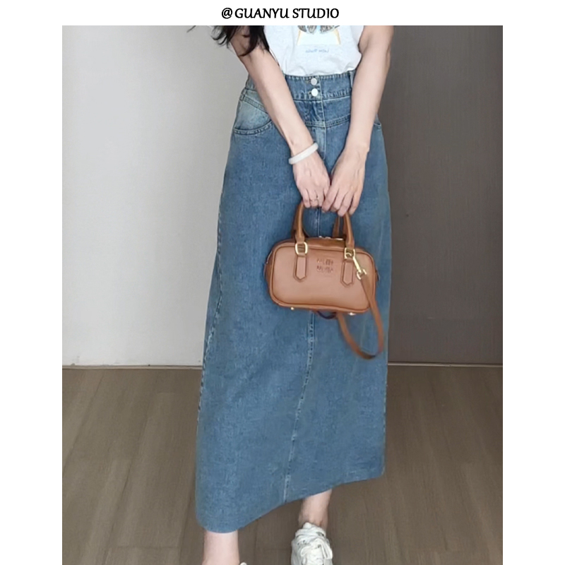 【盛夏私语】蛋妹大码女装夏季微胖显瘦遮肉A字牛仔半身裙DM26855