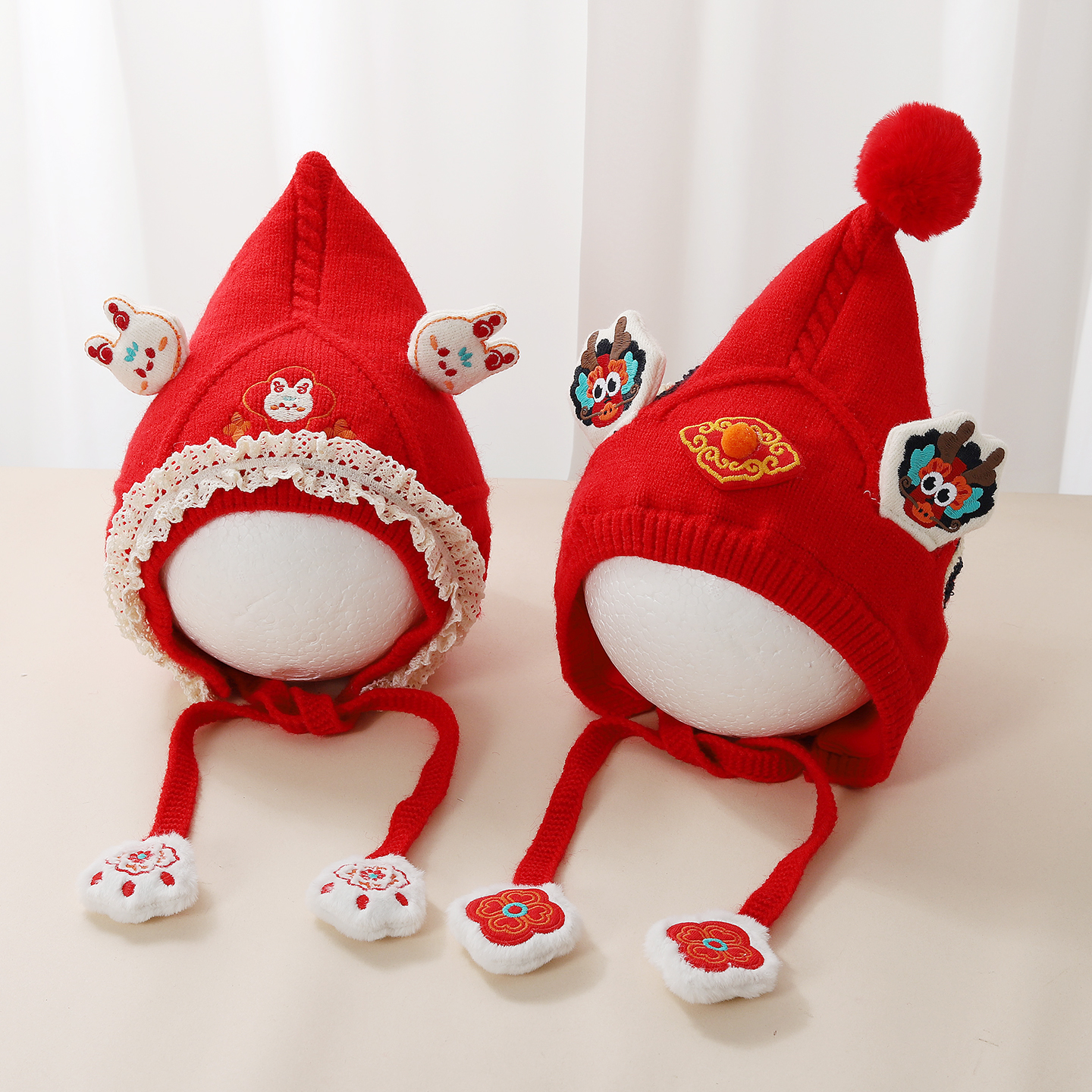 婴儿帽子新年红色宝宝毛线帽中国风男童护耳帽喜庆女宝针织帽保暖
