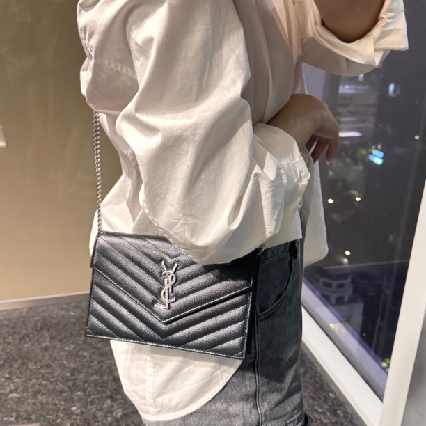 99新 YSL/圣罗兰 黑银信封包/0580