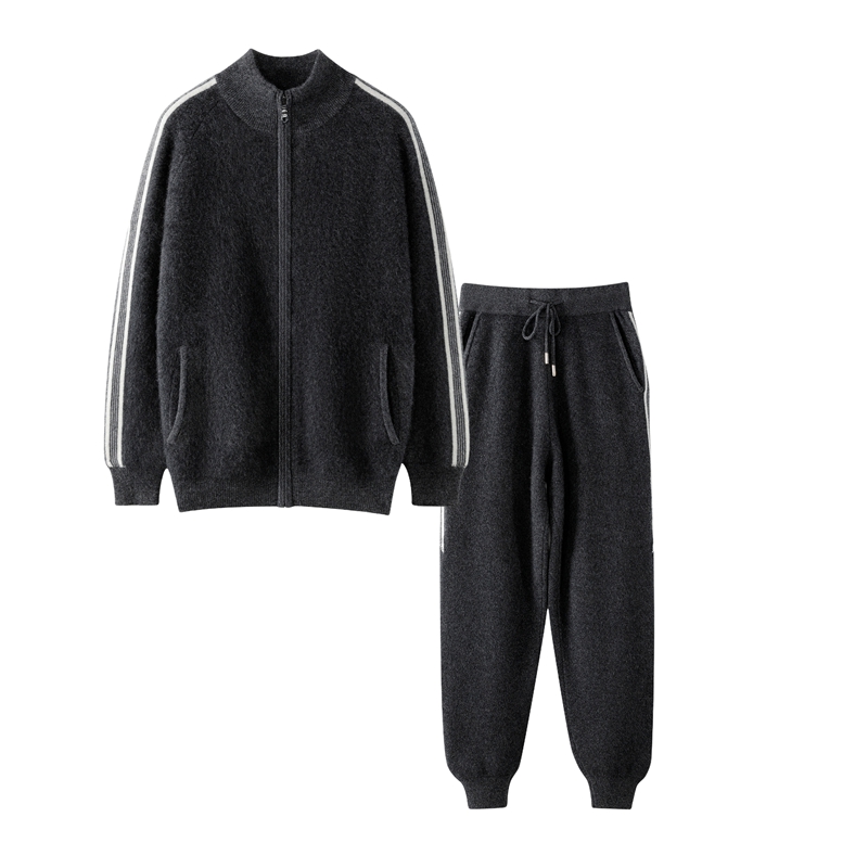 秋冬男士新款纯山羊绒加厚提花半高领开衫裤子套装针织百搭休闲