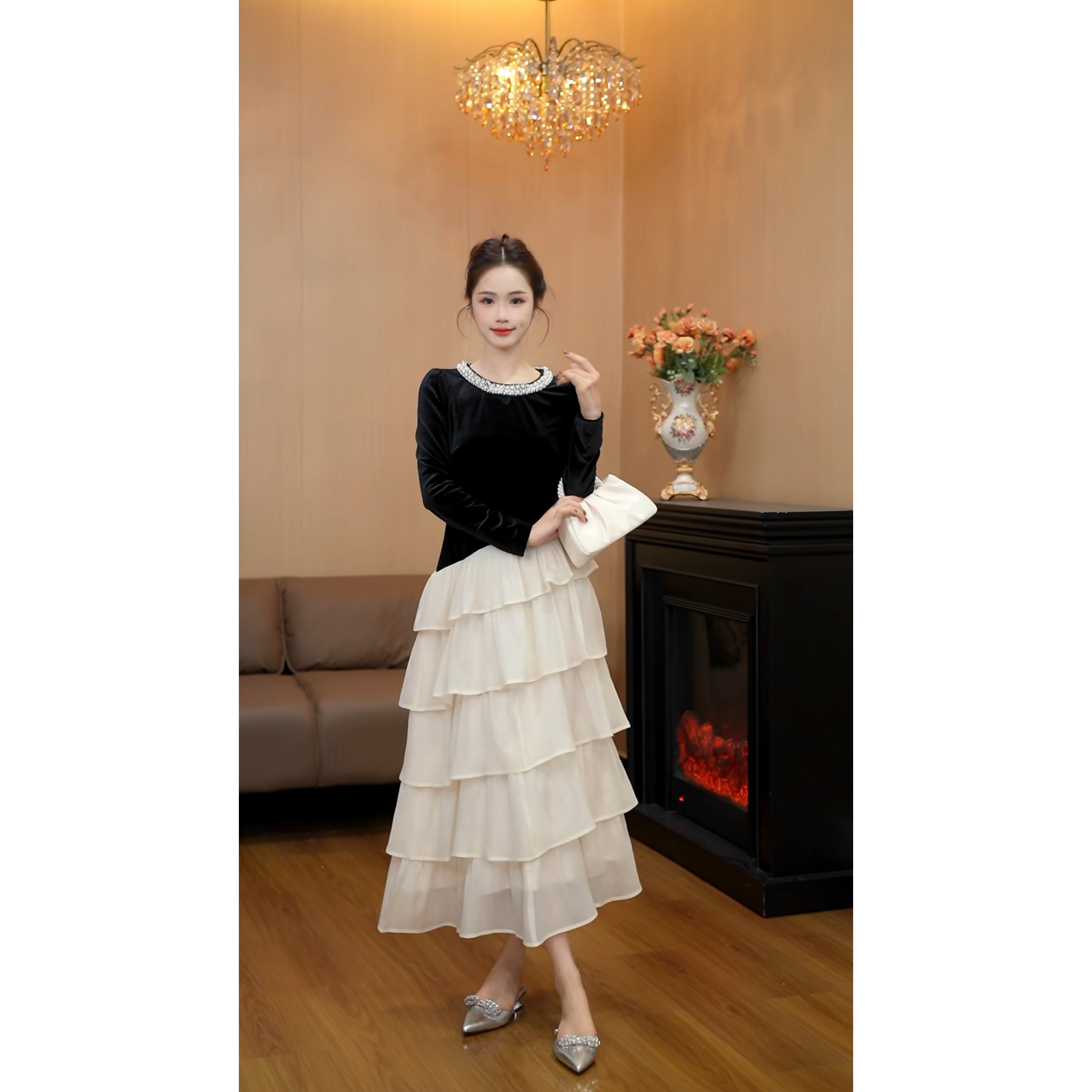 6800【首尔东约】法式气质撞色领口长袖修身收腰显瘦连衣裙