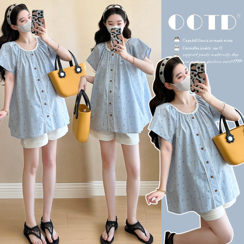 孕妇装宽松显瘦不勒肚韩版气质舒适洋气蕾丝花边娃娃衫+托腹裤