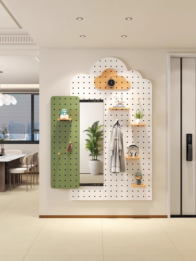 实木洞洞板穿衣镜一体隐形推拉镜定制入户玄关可移动壁挂式全身镜