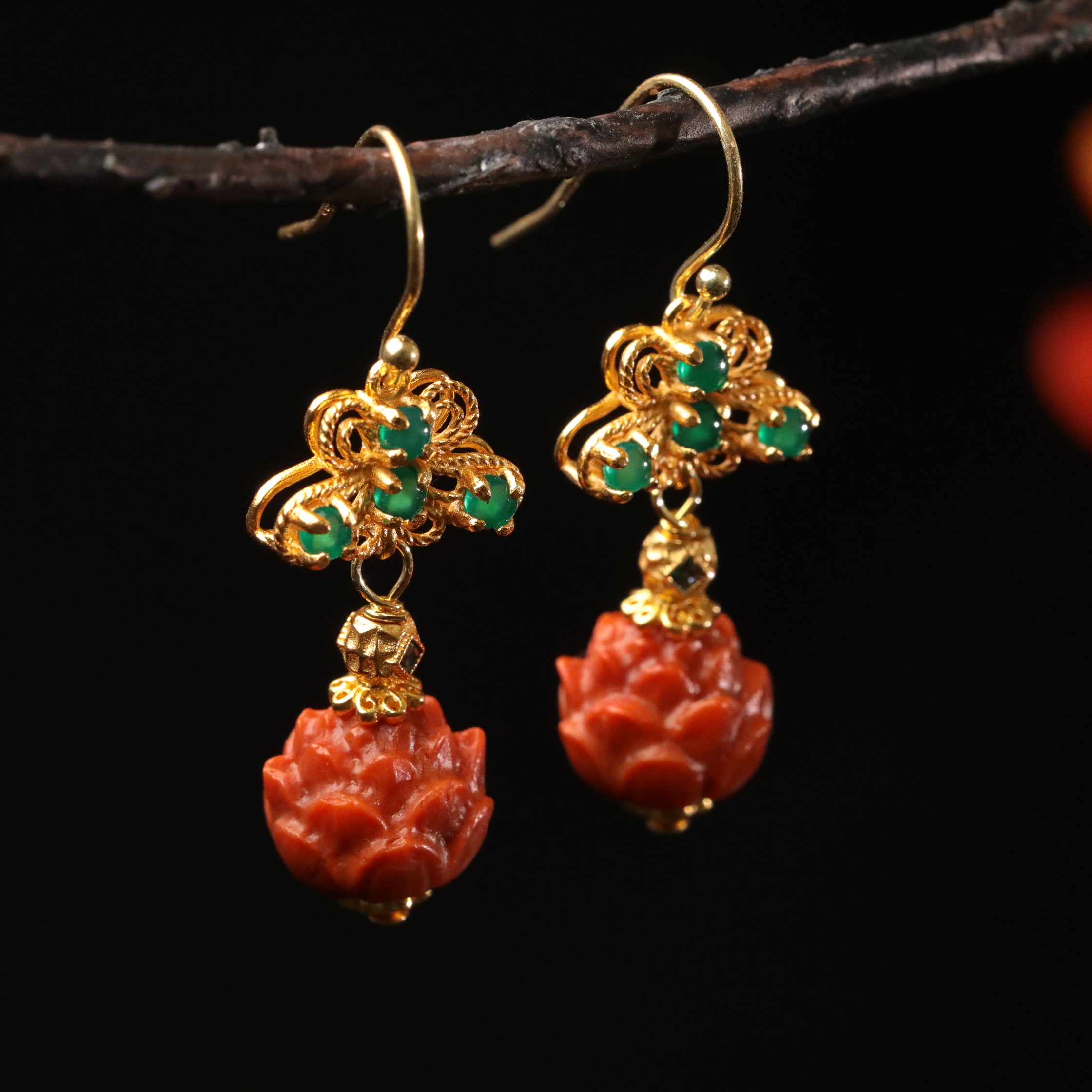 【悟椿】S925银镀金宝塔宫灯镶天然南红耳坠古典精致气质小众高级