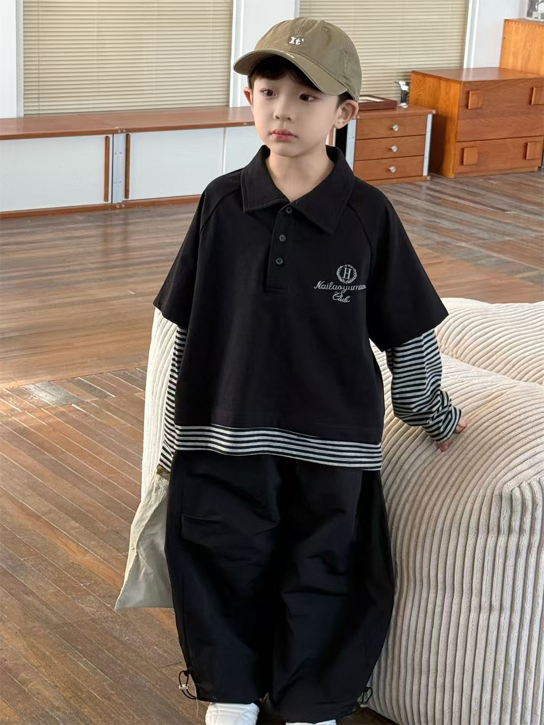 【小莱家】2025春季新款男女童条纹假两件上衣儿童长袖POLO衫CC1978